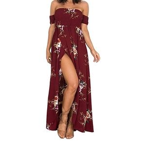 Off The Shoulder Floral Split High-Low Boho Dress